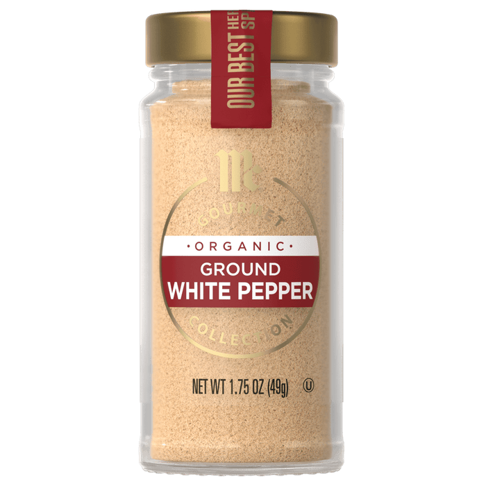 A jar of McCormick Organic Ground White Pepper.