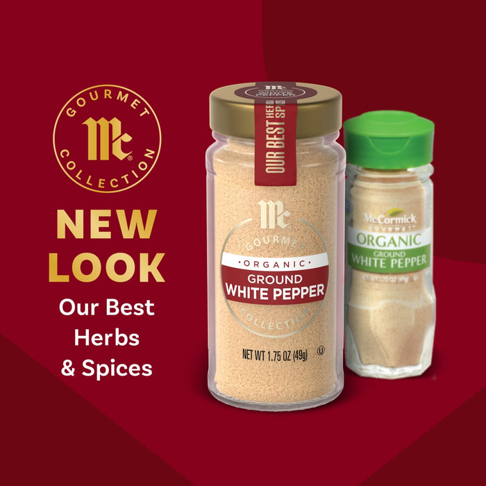 McCormick Gourmet Collection presents a new look for their best herbs and spices, featuring a jar of ground white pepper.