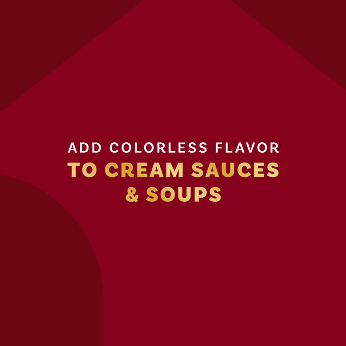 A graphic with a dark red background and gold text that reads Add colorless flavor to cream sauces and soups.