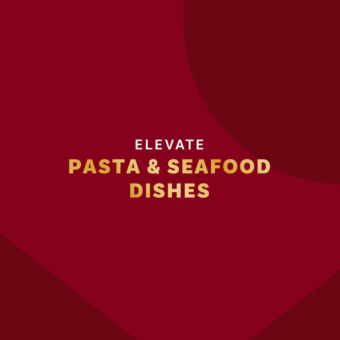 The image promotes elevating pasta and seafood dishes with a bold red background and gold text.