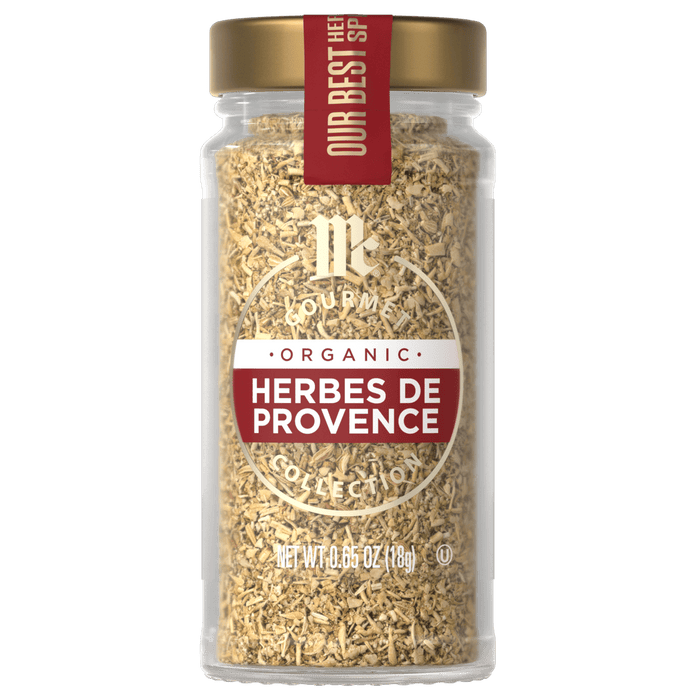 A jar of McCormick Organic Herbes de Provence seasoning.