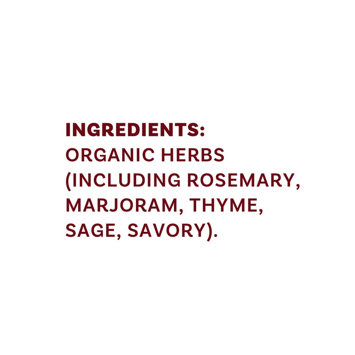 The image shows a list of ingredients, which are organic herbs including rosemary, marjoram, thyme, sage, and savory.