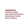 The image shows a list of ingredients, which are organic herbs including rosemary, marjoram, thyme, sage, and savory.