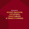The image promotes a product that enhances roast chicken, potatoes, vegetables, and tomato dishes.