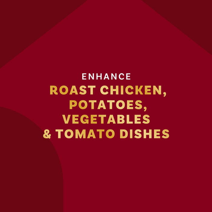 The image promotes a product that enhances roast chicken, potatoes, vegetables, and tomato dishes.