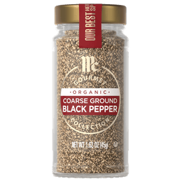 A jar of McCormick Organic Coarse Ground Black Pepper.
