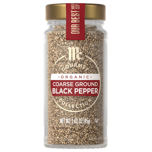 A jar of McCormick Organic Coarse Ground Black Pepper.