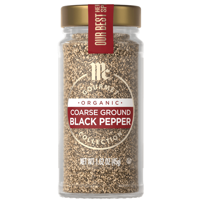 A jar of McCormick Organic Coarse Ground Black Pepper.