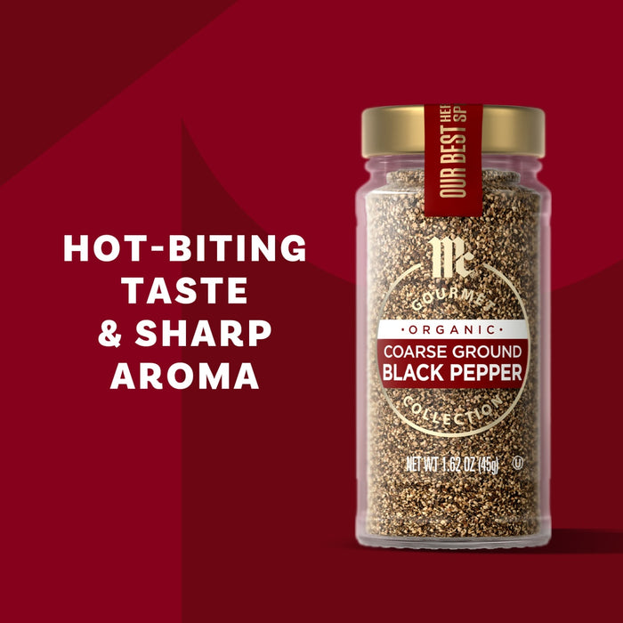 McCormick Organic Coarse Ground Black Pepper is featured with the description hot-biting taste and sharp aroma.