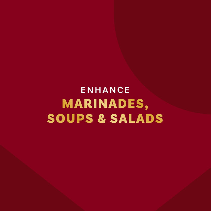 A maroon background with text that reads Enhance Marinades, Soups &amp; Salads.
