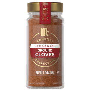 A jar of McCormick Gourmet Organic Ground Cloves.