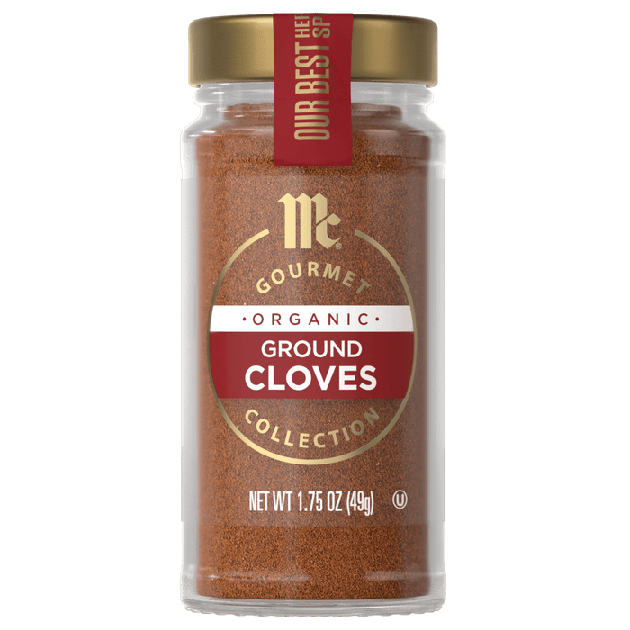 A jar of McCormick Gourmet Organic Ground Cloves.