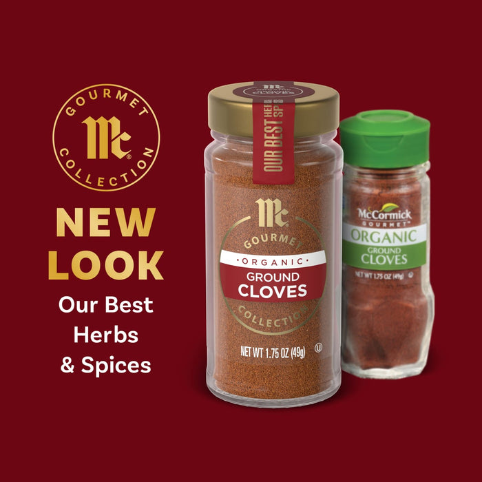 McCormick Gourmet Collection spices are shown with the text New Look Our Best Herbs &amp; Spices.