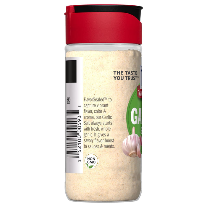 A jar of McCormick Garlic Salt with a non-GMO label.