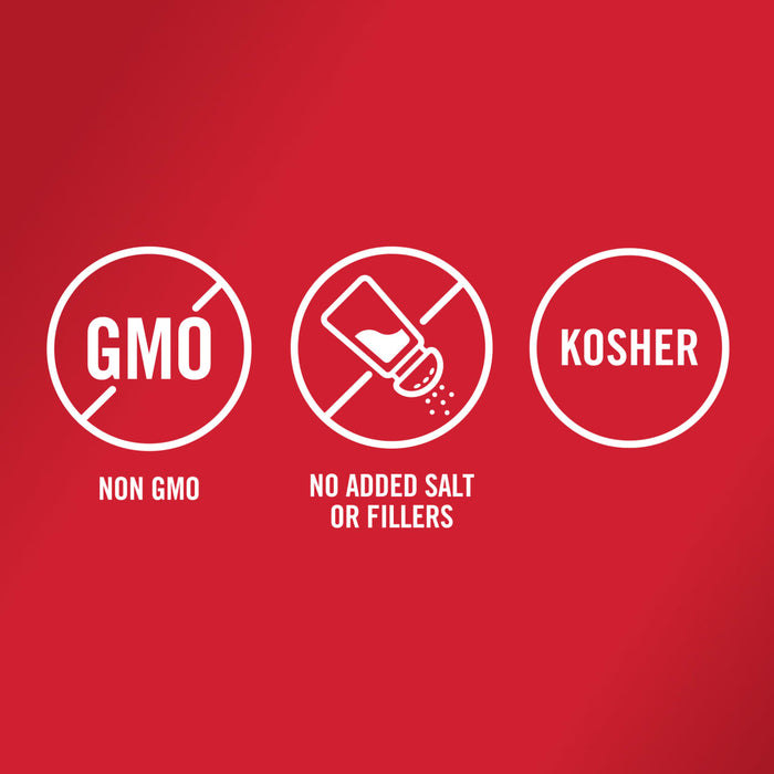 The image shows three circular icons indicating the product is Non-GMO, has no added salt or fillers, and is Kosher.
