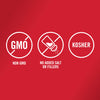 The image shows three circular icons indicating the product is Non-GMO, has no added salt or fillers, and is Kosher.