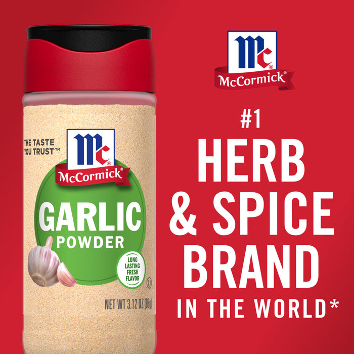 A McCormick Garlic Powder jar with a red background that says #1 Herb &amp; Spice Brand in the World.