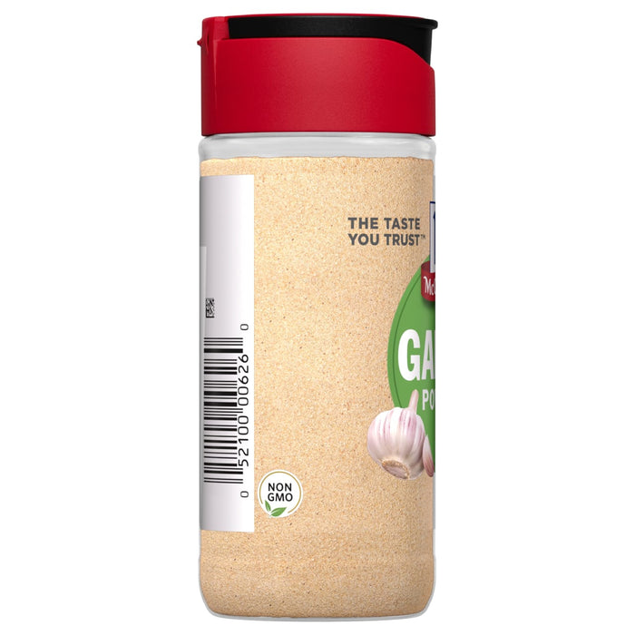McCormick Garlic Powder in a red and black shaker with a non-GMO label.