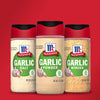 Three McCormick garlic seasoning jars, one with salt, one with powder, and one with minced garlic.