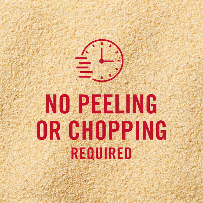 A red clock icon with the text No peeling or chopping required on a background of granulated garlic.