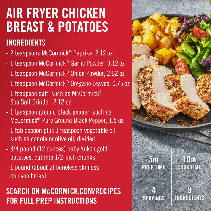 A recipe for McCormick Air Fryer Chicken Breast &amp; Potatoes with ingredients, prep time, cook time, servings and ingredients listed.