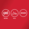 The image displays three circular icons indicating that the product is Non-GMO, Halal, and Kosher certified.