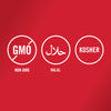 The image displays three circular icons indicating that the product is Non-GMO, Halal, and Kosher certified.