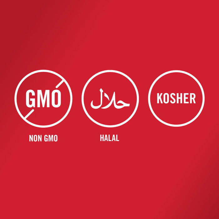 The image displays three circular icons indicating that the product is Non-GMO, Halal, and Kosher certified.