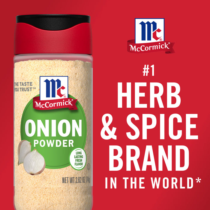 A McCormick Onion Powder jar with the text '#1 Herb &amp; Spice Brand in the World' on a red background.