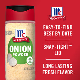 A McCormick Onion Powder container with a red lid and a green label.