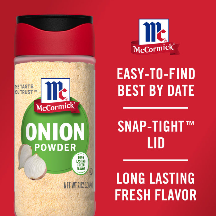 A McCormick Onion Powder container with a red lid and a green label.