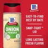 A McCormick Onion Powder container with a red lid and a green label.