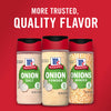 Three McCormick onion seasoning jars, one with salt, one with powder, and one with minced onions.