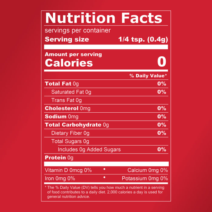 Nutrition facts label for a product with 0 calories per serving.