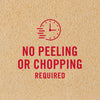 A red clock icon with the text 'No peeling or chopping required' on a light brown background.