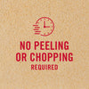 A red clock icon with the text 'No peeling or chopping required' on a light brown background.