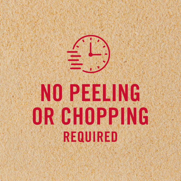 A red clock icon with the text 'No peeling or chopping required' on a light brown background.