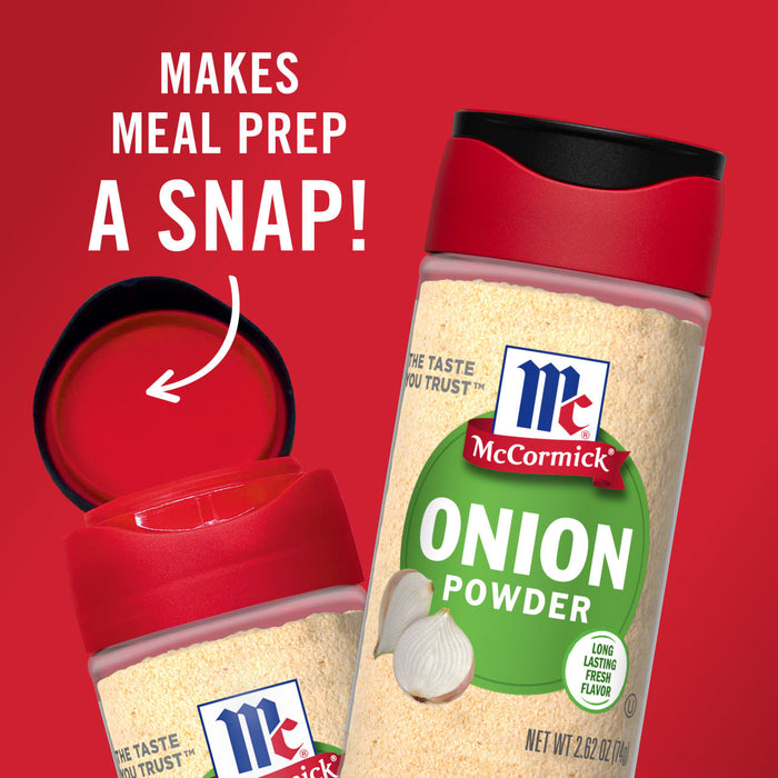 Two McCormick Onion Powder containers, one with the lid open, on a red background.