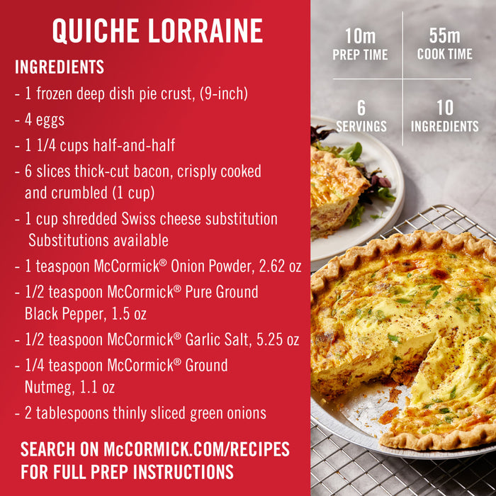 A recipe for Quiche Lorraine with McCormick spices, showing the ingredients and a finished quiche.
