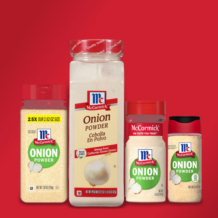 Four McCormick Onion Powder containers of different sizes are shown against a red background.