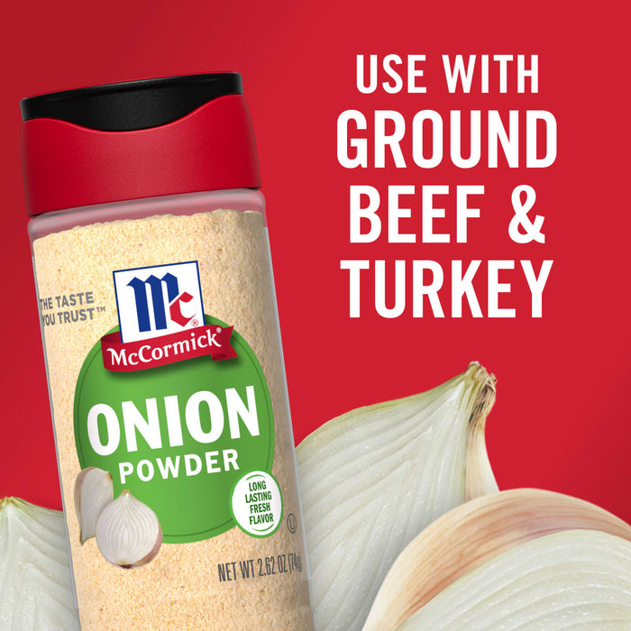A jar of McCormick Onion Powder with onions in the foreground and the text Use with Ground Beef &amp; Turkey in the background.