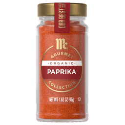 A jar of McCormick Gourmet Organic Paprika.