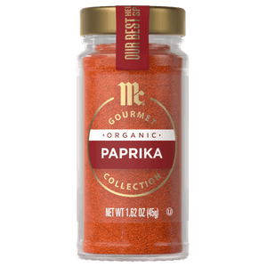 A jar of McCormick Gourmet Organic Paprika.