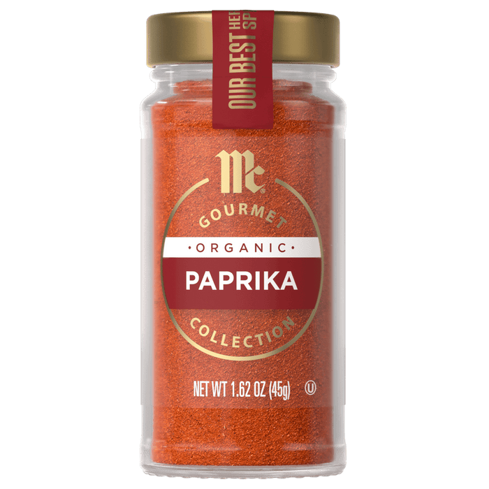 A jar of McCormick Gourmet Organic Paprika.