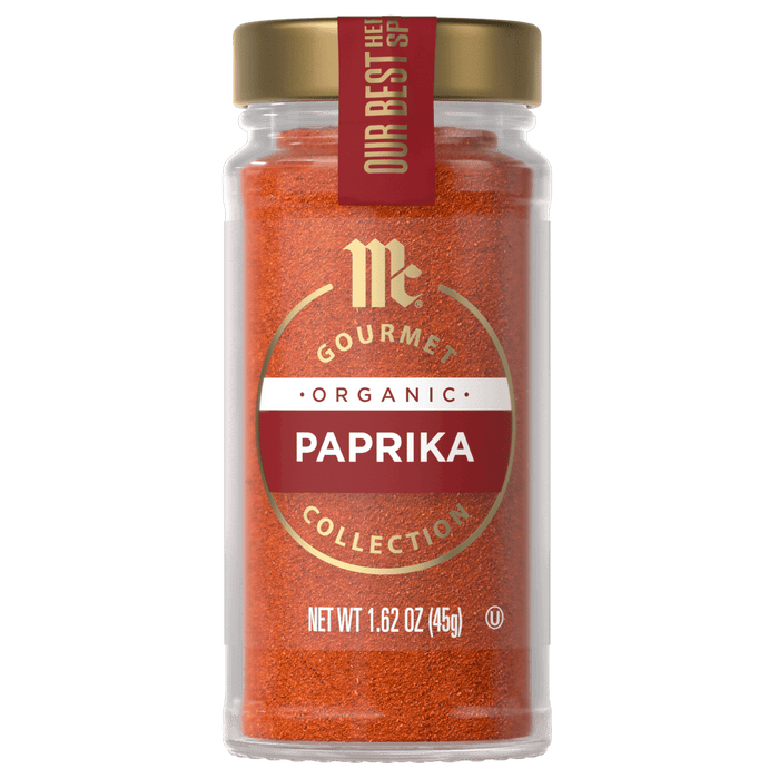 A jar of McCormick Gourmet Organic Paprika.