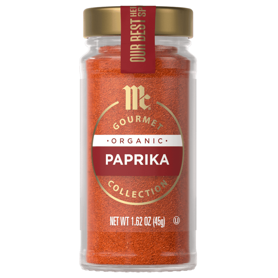 A jar of McCormick Gourmet Organic Paprika.
