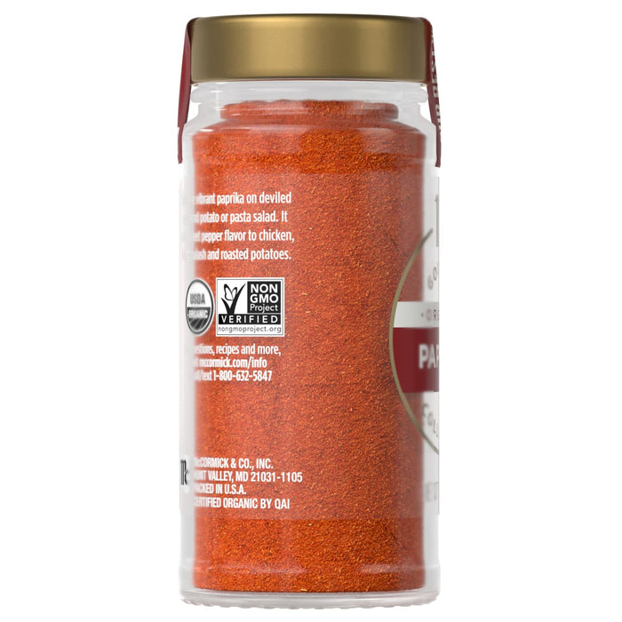 A jar of Simply Organic Paprika is displayed, showcasing its vibrant color and organic certification.