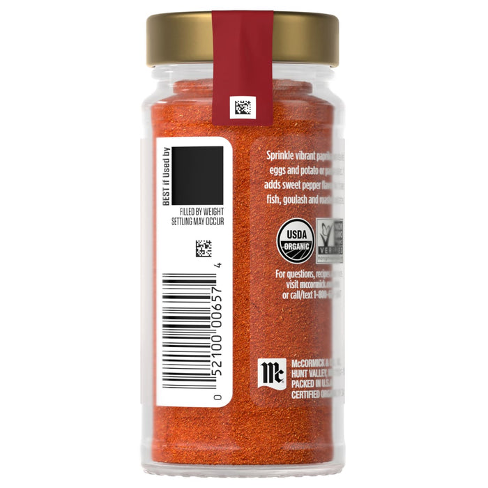 A jar of McCormick Smoked Paprika is shown, highlighting its organic certification and barcode.