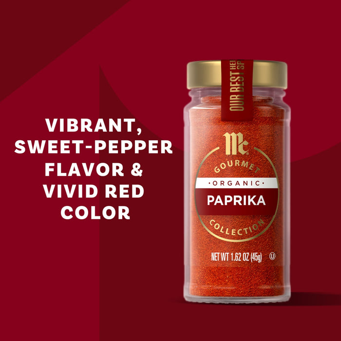 McCormick Gourmet Collection Paprika is shown in a jar, highlighting its vibrant color and sweet pepper flavor.