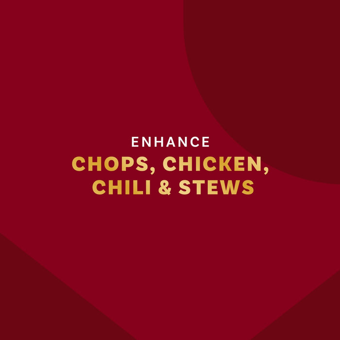 The image promotes enhancing chops, chicken, chili, and stews.